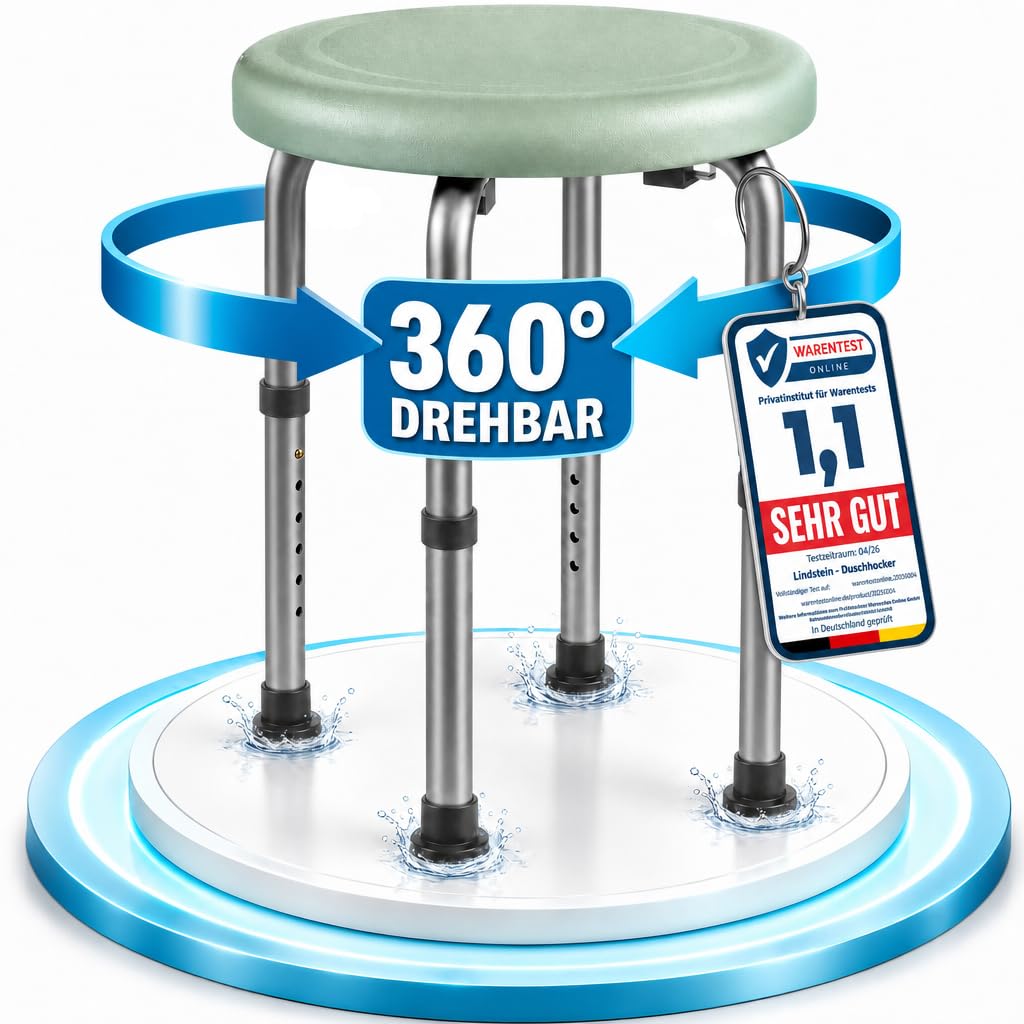 Duschhocker Duschstuhl für Senioren rutschfest | 360° drehbar mit Brausehalterung. Bis 136 kg. Höhenverstellbar. Badhocker, Hocker
