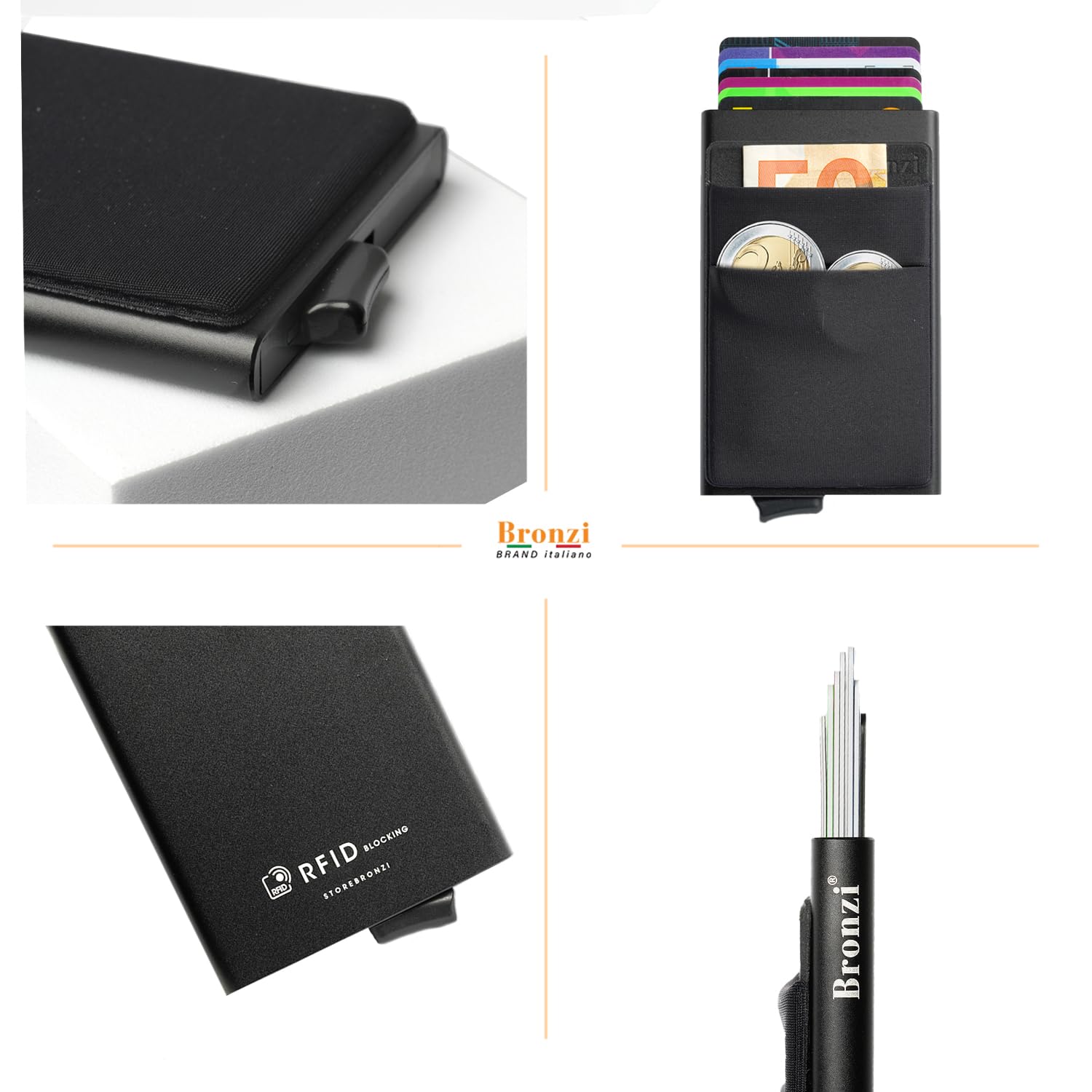 Bronzi® Portafoglio Uomo Slim Piccolo | Portacarte Uomo Donna Portatessere Porta Carte Di Credito | Portafogli Mini Protezione RFID con Portamonete | Box Regalo - Brand Italiano (Nero)
