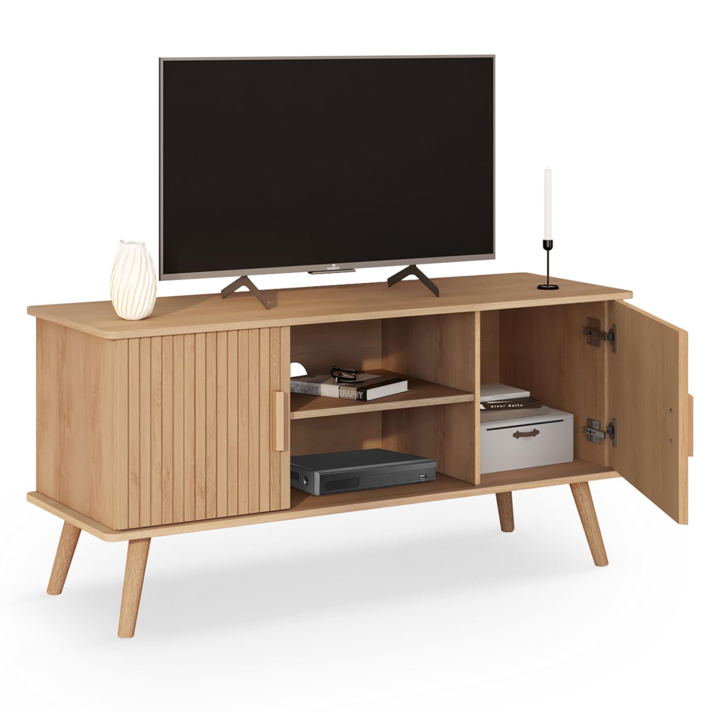 IDMarket - Meuble TV 110 cm Juliette 2 Portes Lattes tasseau Bois Coloris chêne