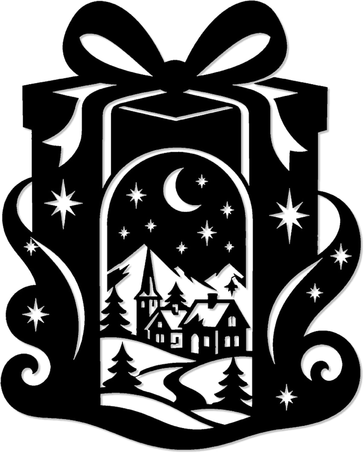 Christmas Gift Box Night Mountain Cabin Metal Wall ArtWallArt DecorMetal Outdoor DecorMetal SignsBohoRustic ArtworkWhimsicalExquisite Wall Decoration For Living RoomBedroomOffice12in