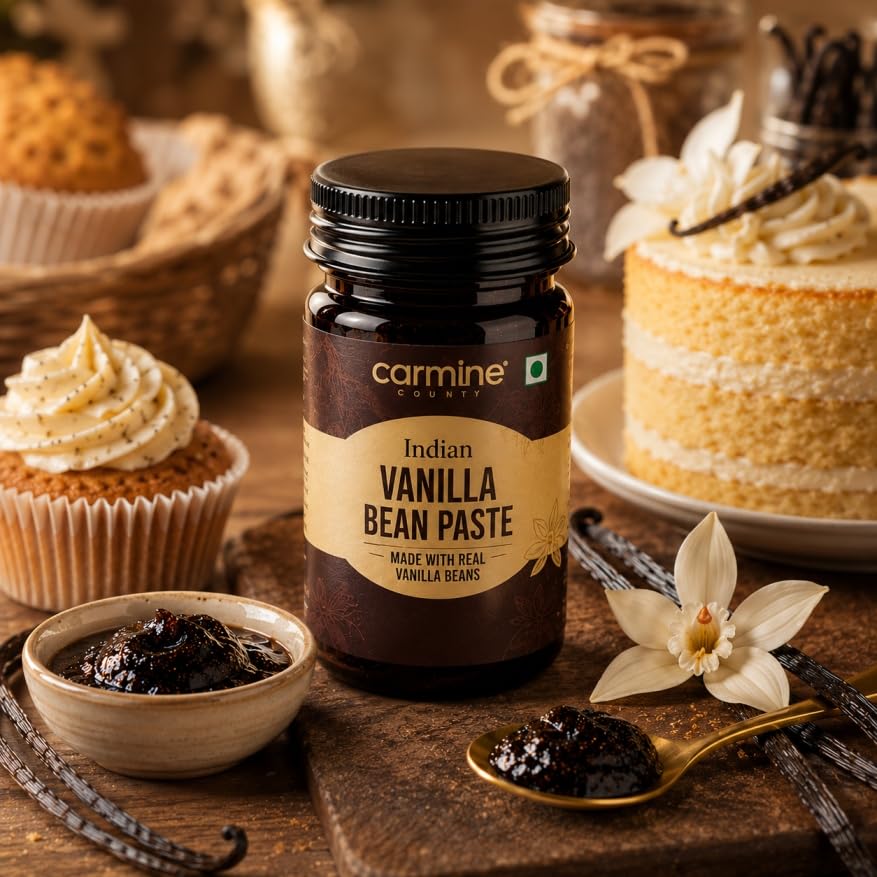 Image of Carmine County All Natural Pure Indian Vanilla Bean Paste 100g | No Added Sugar, Gluten-Free | Rich Flavor for Baking, Cooking, Ice Cream, Cakes, Cookies, Custards, Coffee, Milkshakes & Frosting | Vanilla Extract Substitute