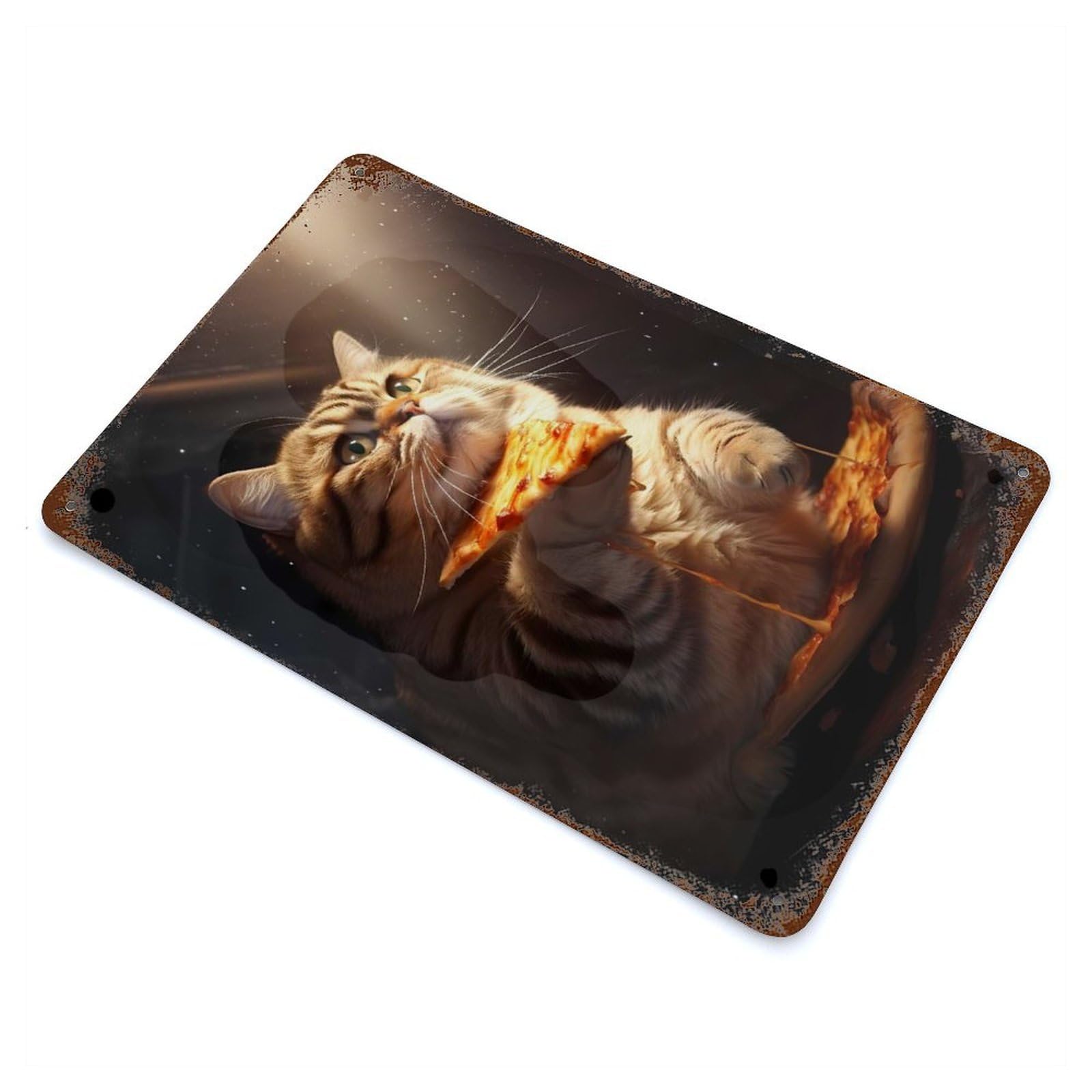 Rust Effect Fat Cat Eating Pizza Aged Metal Wall Plaque 11.8"x7.9", Farmhouse Wall Decor for Office, Studio And Wall Decor