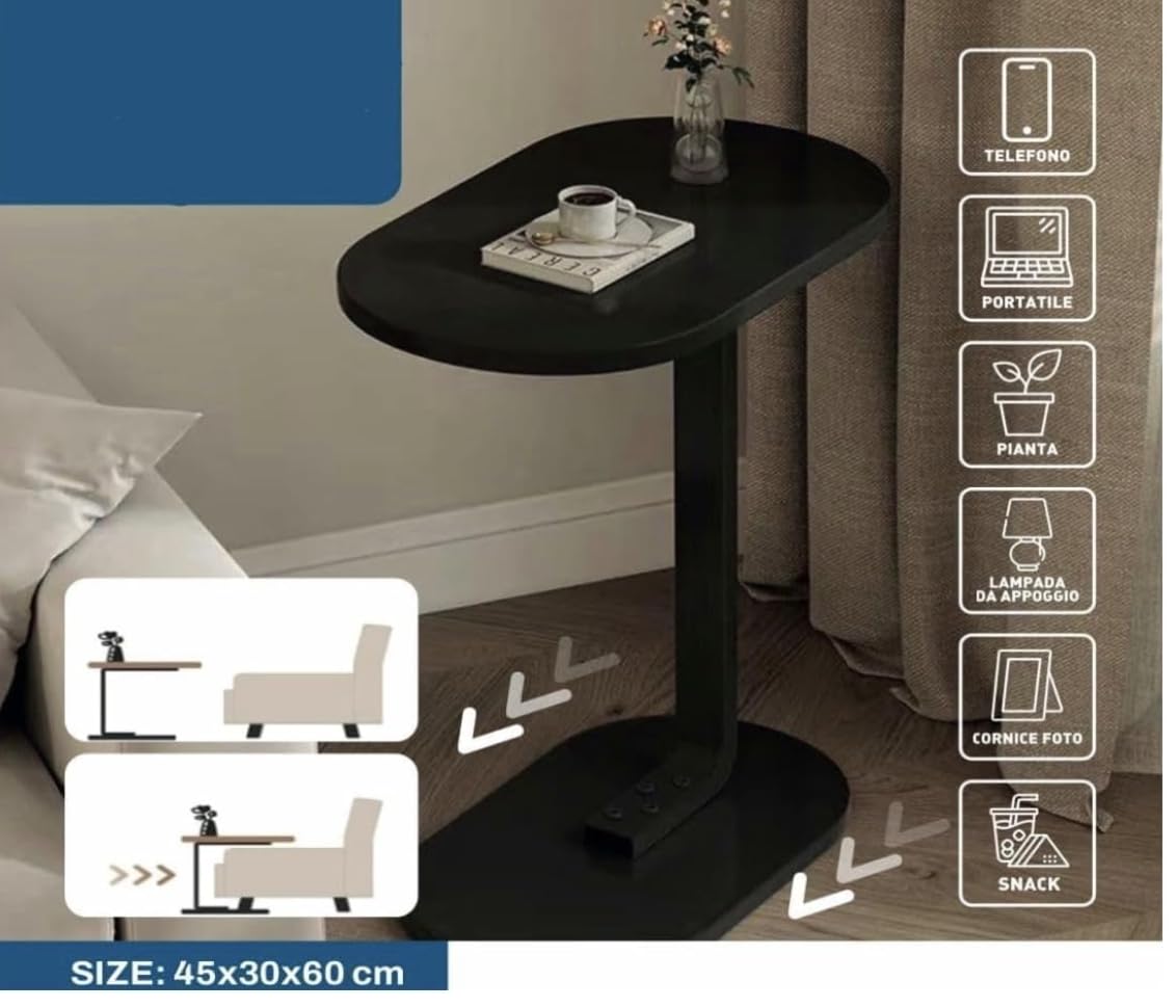Generico bdit accessori Tavolino Laterale Moderno in Legno e Metallo, Salvaspazio 60 cm, Piano Ovale 44x28 cm, Base 40x23 cm, Comodino Minimal per Soggiorno e Camera da Letto (nero)