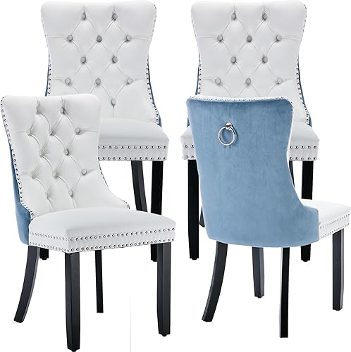 Miniatura 115 de Juego de 2 sillas de cocina y comedor de terciopelo, respaldo exterior capitoné, tapizadas en terciopelo, estructura de madera maciza (celeste, 2