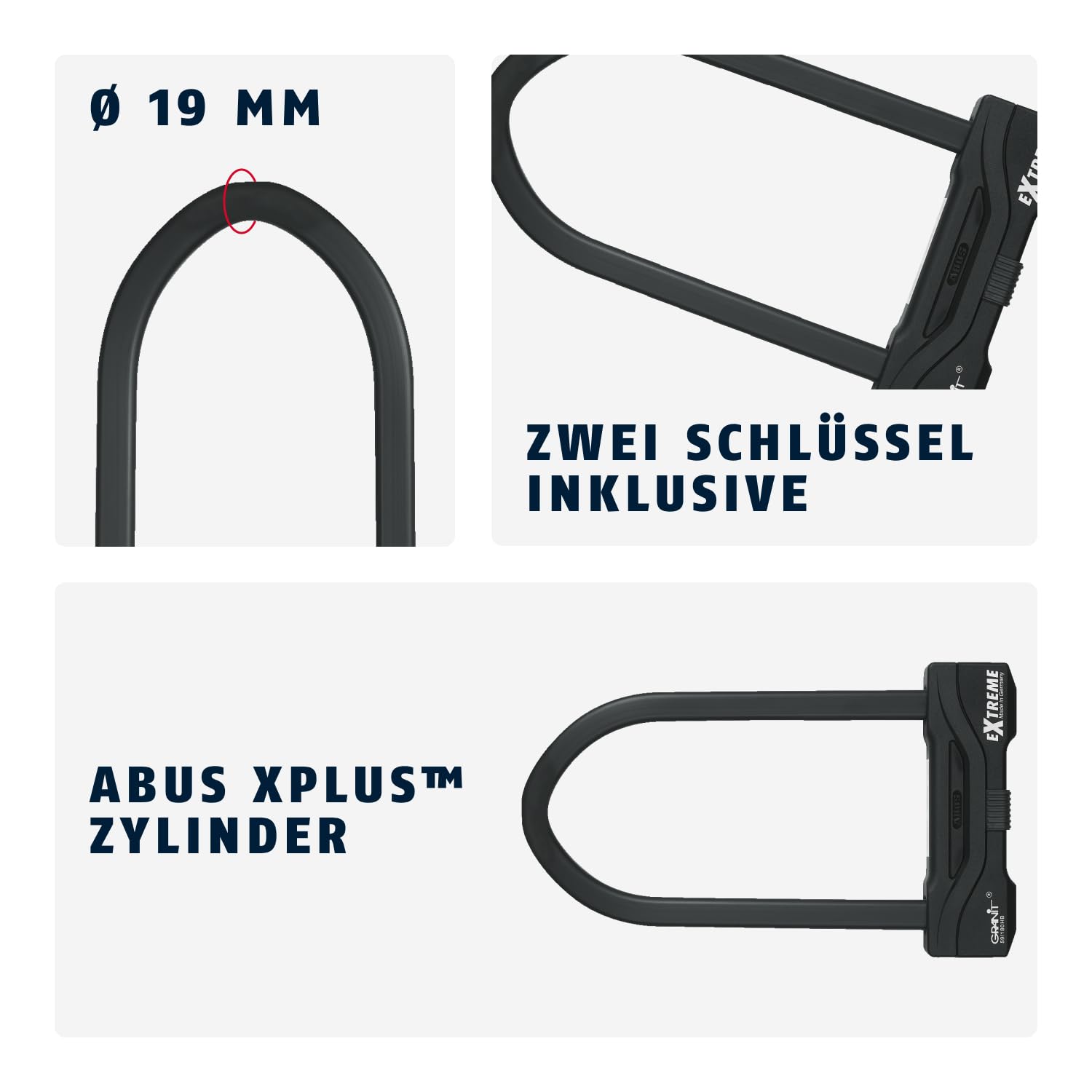 ABUS Bügelschloss Granit Extreme 59 – Motorrad- & Fahrradschloss mit XPlus Zylinder – höchstes ABUS-Sicherheitslevel 20 – Bügelhöhe 260 mm | Motorrad-Bügelschloss mit 16 mm Vierkant-Parabolbügel, XPlus-Zylinder, gehärtetem Spezialstahl