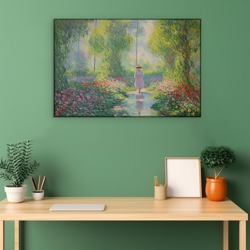 Canvas for Living room. Strolling in Serenity: A Woman's Tranquil Journey through a Blossoming Impressionist Landscape, 27 x 18 inch Canvas Wall Art - Ready to Hang
