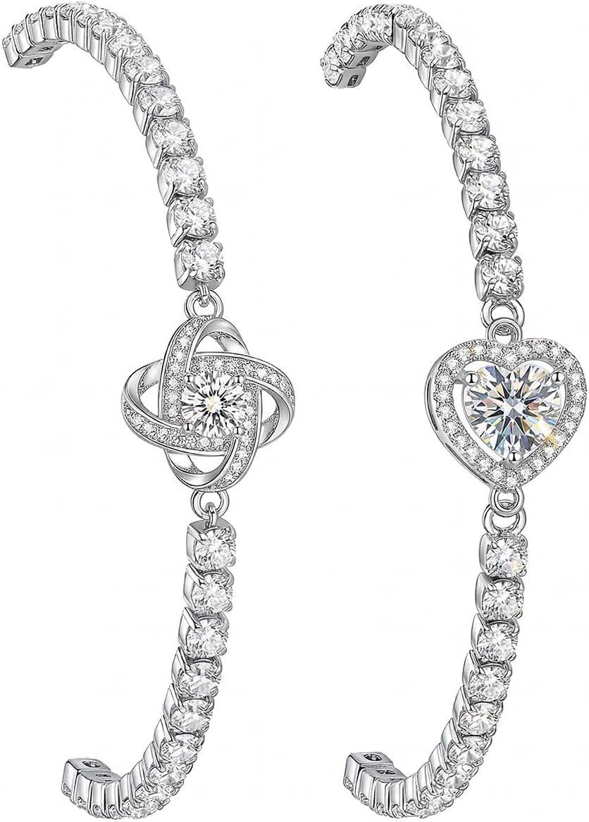 2 pcs White Gold Plated Copper Heart Tennis Bracelet for Women, Adjustable Cubic Zirconia Bracelet, Elegant Jewelry Gift for Her on Birthday Anniversary