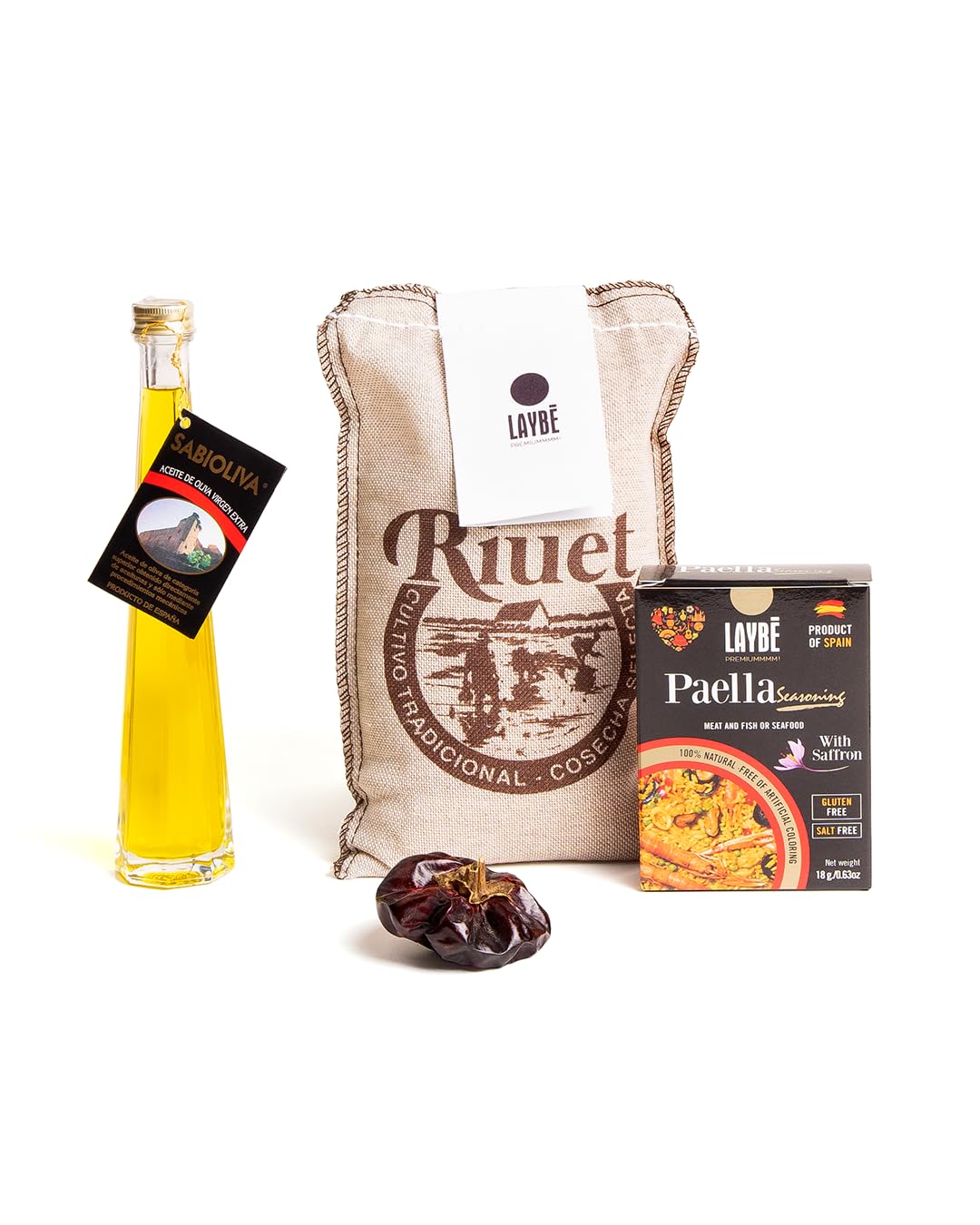 LAYBÉ - Pack Paella, Kit Completo para Elaborar la Auténtica Paella Española con Azafrán, Incluye: Paellera, Arroz 500gr (4 raciones), Sazonador (3x6gr), Aceite de Oliva (4ml) y Ñora.