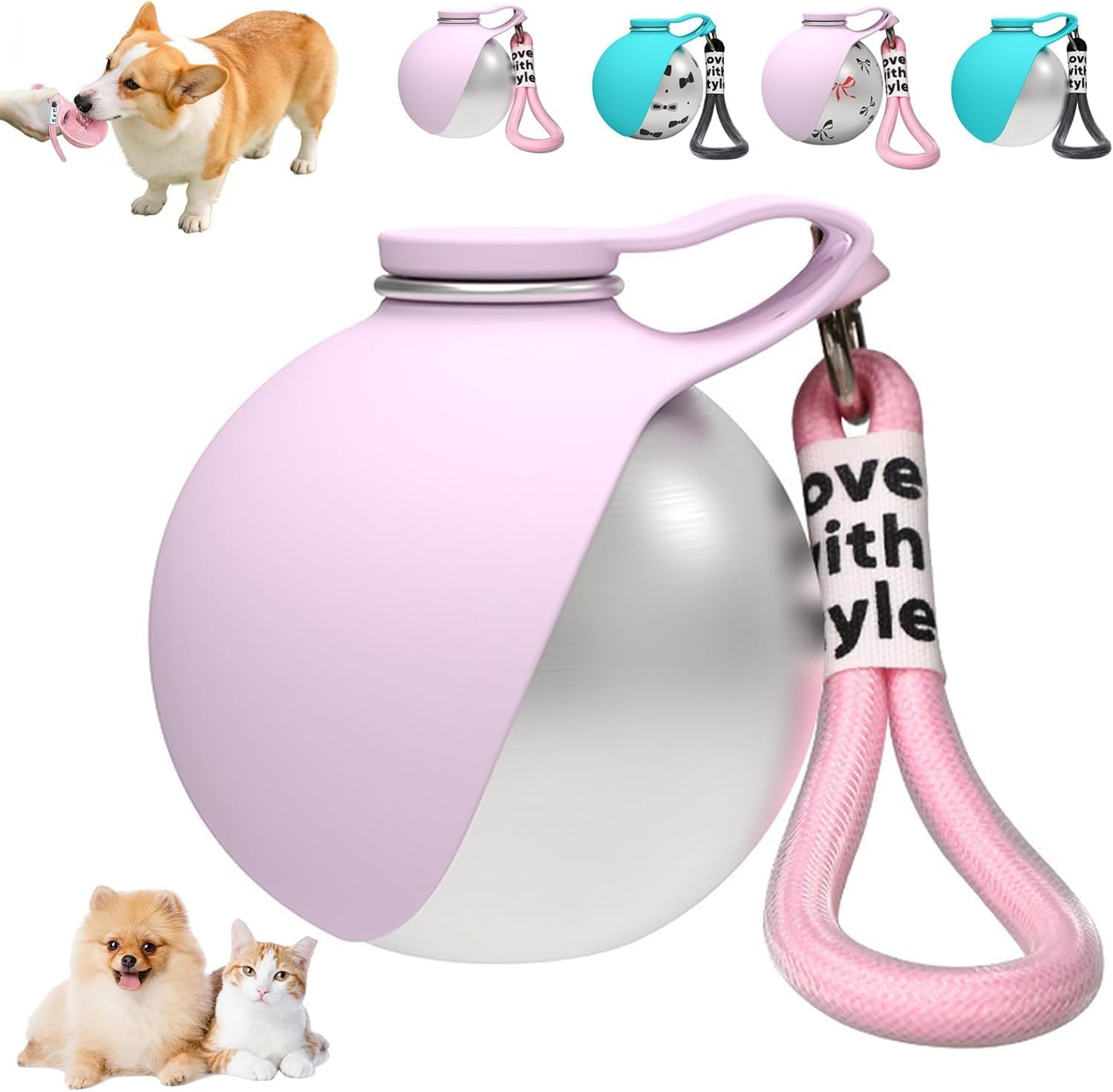 SANJSJHXJ Stainless Steel Dog Water Bottles for Walking 285ml, Leak Proof & Compact Dog Travel Water Bottle with Foldable Bowl,Pink