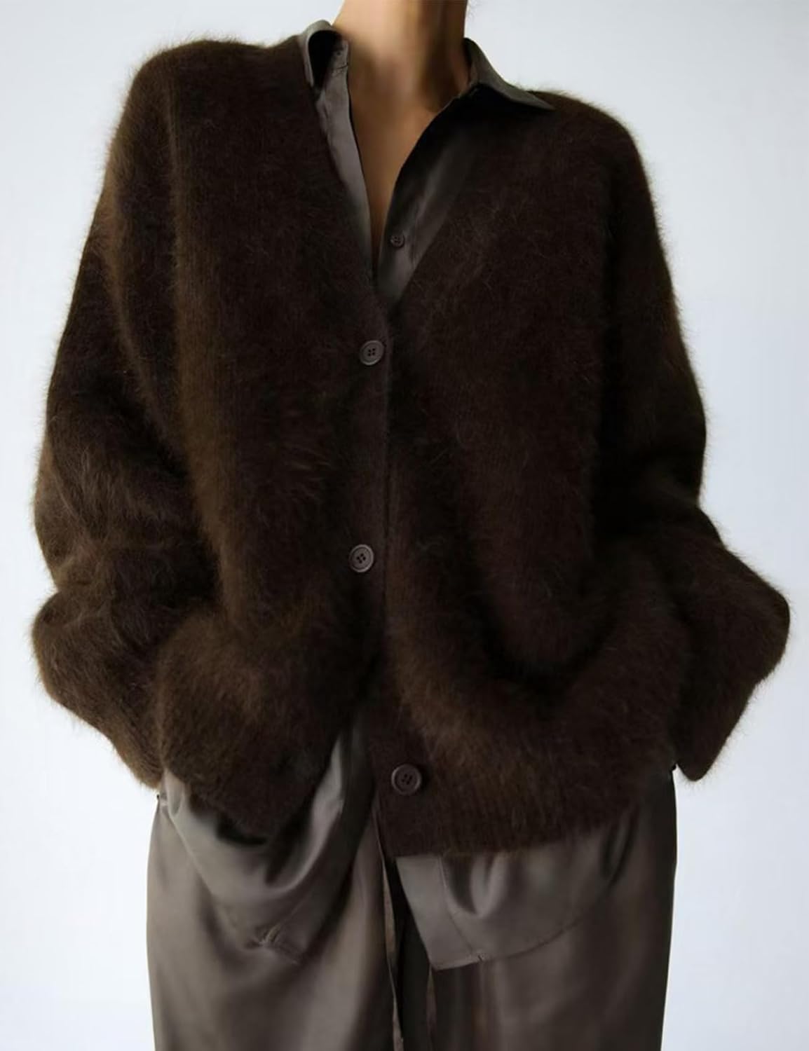 Yimoon Womens Fuzzy Cardigan Sweater V Neck Long Sleeve Button Down Slouchy Furry Knit Sweaters 2026 - Image 2