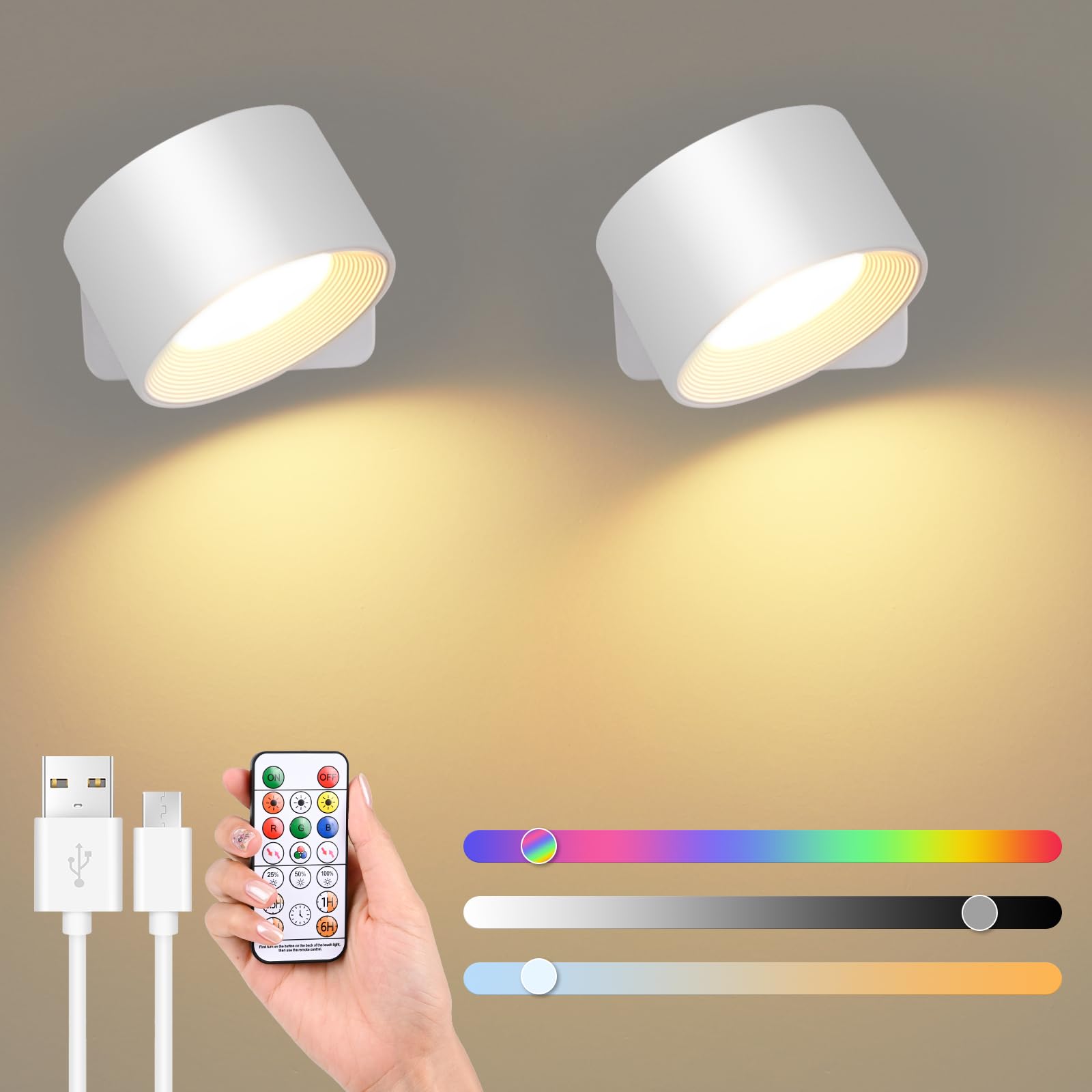 GuKKK Luz de Pared de Interior, 2 Pcs Lámpara de pared LED RGB 16 Color, Apliques Interior Giratoria de 360°, 3 Niveles de Brillo Pared de Interior, Táctil Lámparas de Pared Inalámbricas (Blanco)
