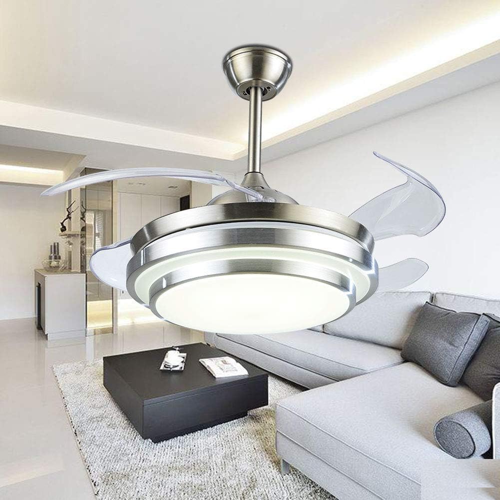 Prоmо 40% оƒƒ YEELED Light 42" Invisible Reversible Ceiling Fans with LED Light Remote Control 4 Retractable Clear ABS Blades Bedroom Fan Chandelier Indoor Ceiling Light Kits with Fans (42 Inch, Silver-05)