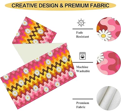 Miniatura 5 de Camino de mesa de los años 70, diseño retro groovy hippie margarita, floral, rosa, amarillo, onda, decoración central para el hogar, cocina,