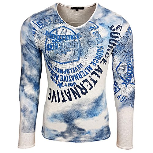 Longshirt Batik Herren Langarm Shirt Longsleeve Oil Wash Verwaschen Stretch 135, Farbe:Weiß, Größe:M