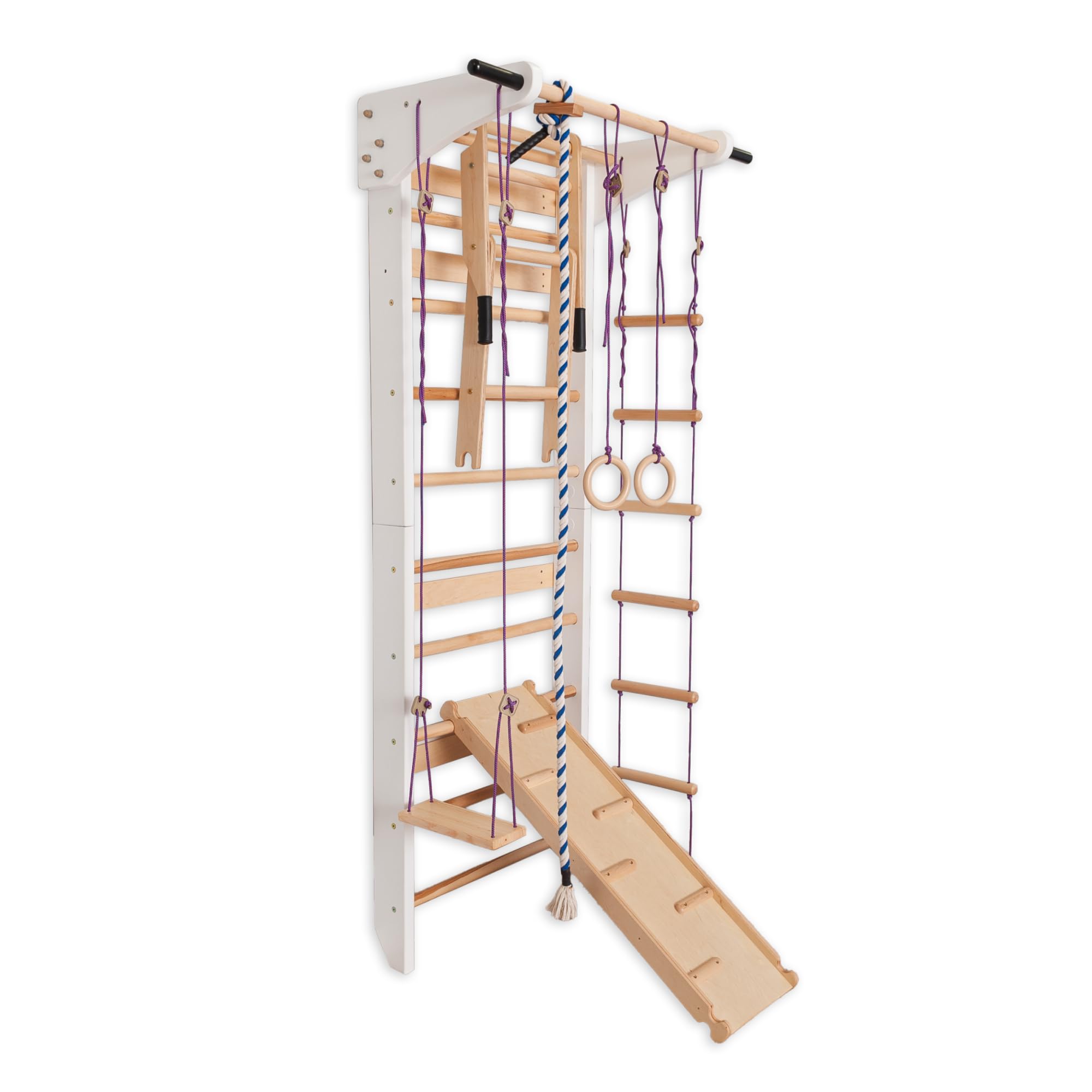 Sprossenwand Holz mit Rutsche & Schaukel - Indoor Klettergerüst für Kinder & Erwachsene - Turnwand mit Kletterbrett & Zubehör - Massiv bis 150kg (Weiß)