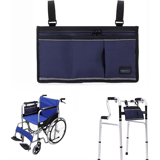 NEPPT Wheelchair Bag Walker Pouch for folding walker Electric Wheelchair Side Bag Scooter Power Chair Accessories Mesh Storage Organizer with Phone Holder for The Armrest Travel Saddle Bag (Dark Blue)
