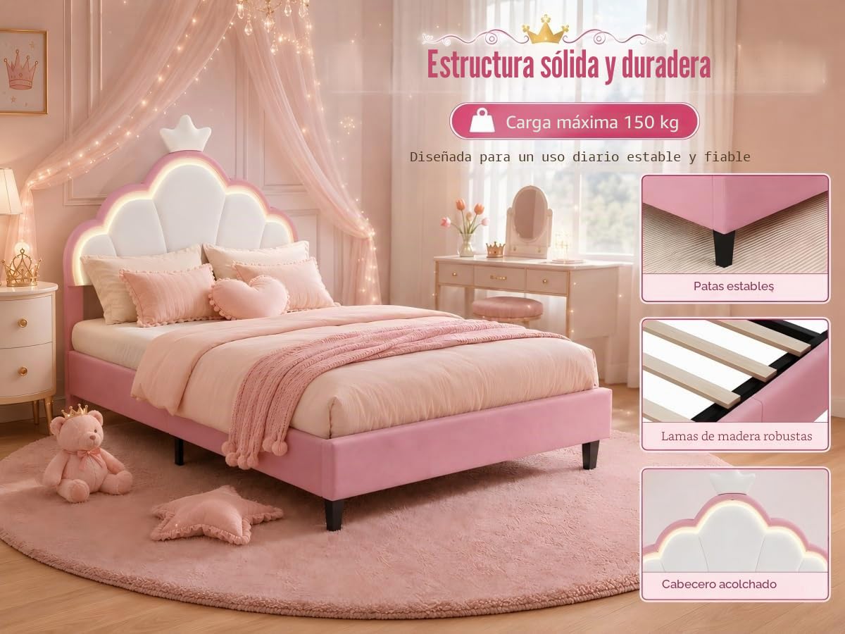 Cama infantil acolchada 90 x 200 cm, cama individual para niña con iluminación LED y somier de láminas, cabecero ajustable en forma de corona, terciopelo, rosa, sin colchón (rosa, 90 x 200 cm