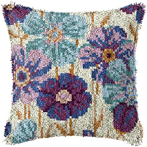 LAPATAIN Latch Hook Kits for DIY Throw Pillow Cover,Purple Flowers Pattern Needlework Cushion Cover Hand Craft Crochet for Great Family 17x17inch