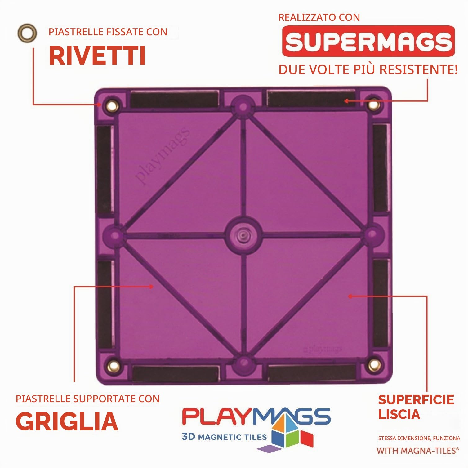 Playmags Kit di partenza - Set di 30 pezzi quadrati: ora con magneti più forti, tessere magnetiche robuste e super resistenti con colori vivaci e chiari STEM giocattoli per bambini