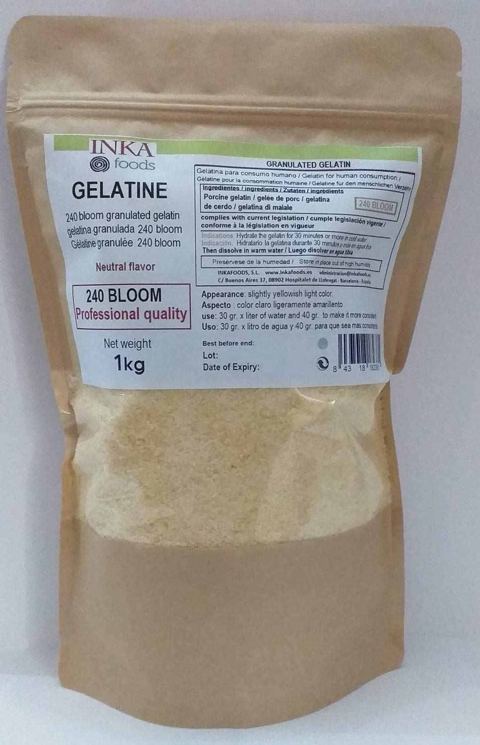 Gelatina 240 bloom grado profesional, sabor neutro - 1kg