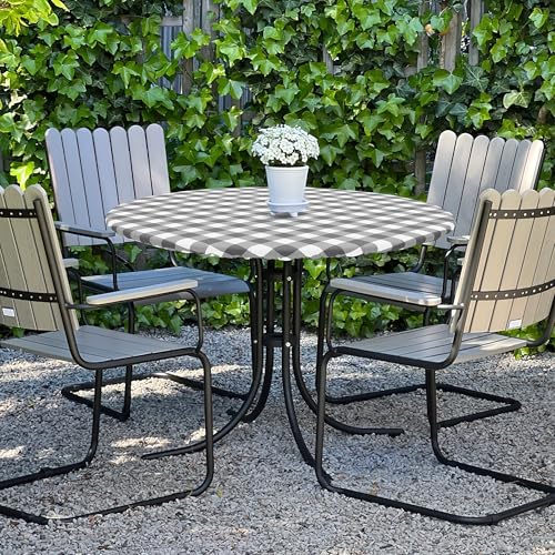 misaya Round Fitted Tablecloth with Elastic Edge, Buffalo Plaid Waterproof Vinyl Flannel Backed Table Cloth Cover Fits 45"-56" Round Tables for Dinner, Outdoor, Picnic, Grey White Check by misaya - Used condition - Image 7