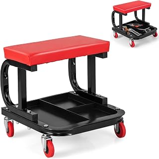 TANGZON Rolling Mechanic Stool, Padded Utility Creeper Seat with 4 Universal Wheels & Tool Tray, 150KG Capacity Heavy Duty Garage Tool Workshop Stool Trolley