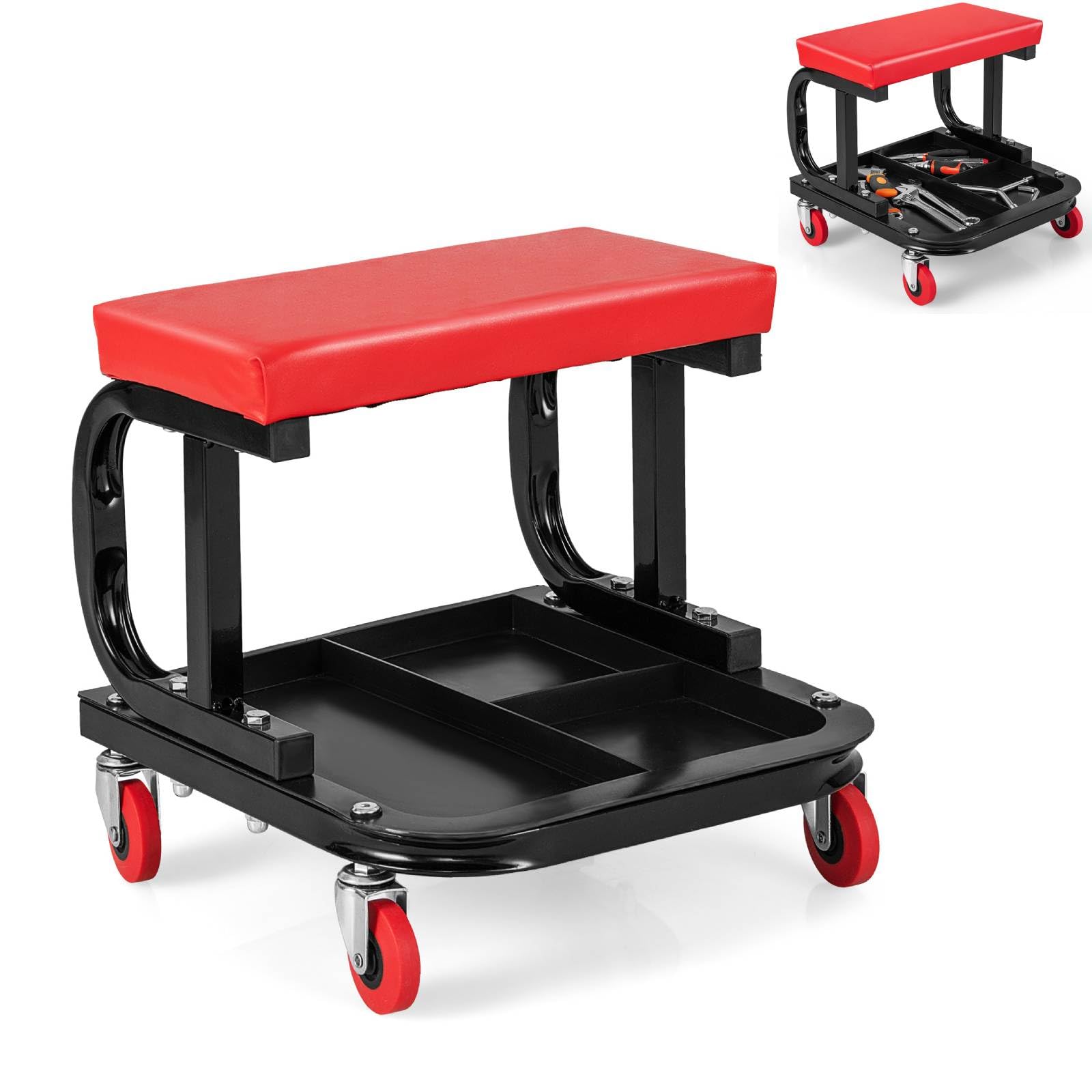 Taboret dla mechaników z poduszką, 4 kółka, taca na narzędzia, nośność 150 kg, wytrzymały, idealny do garażu i warsztatu, stabilne siedzisko na narzędzia i sprzęt