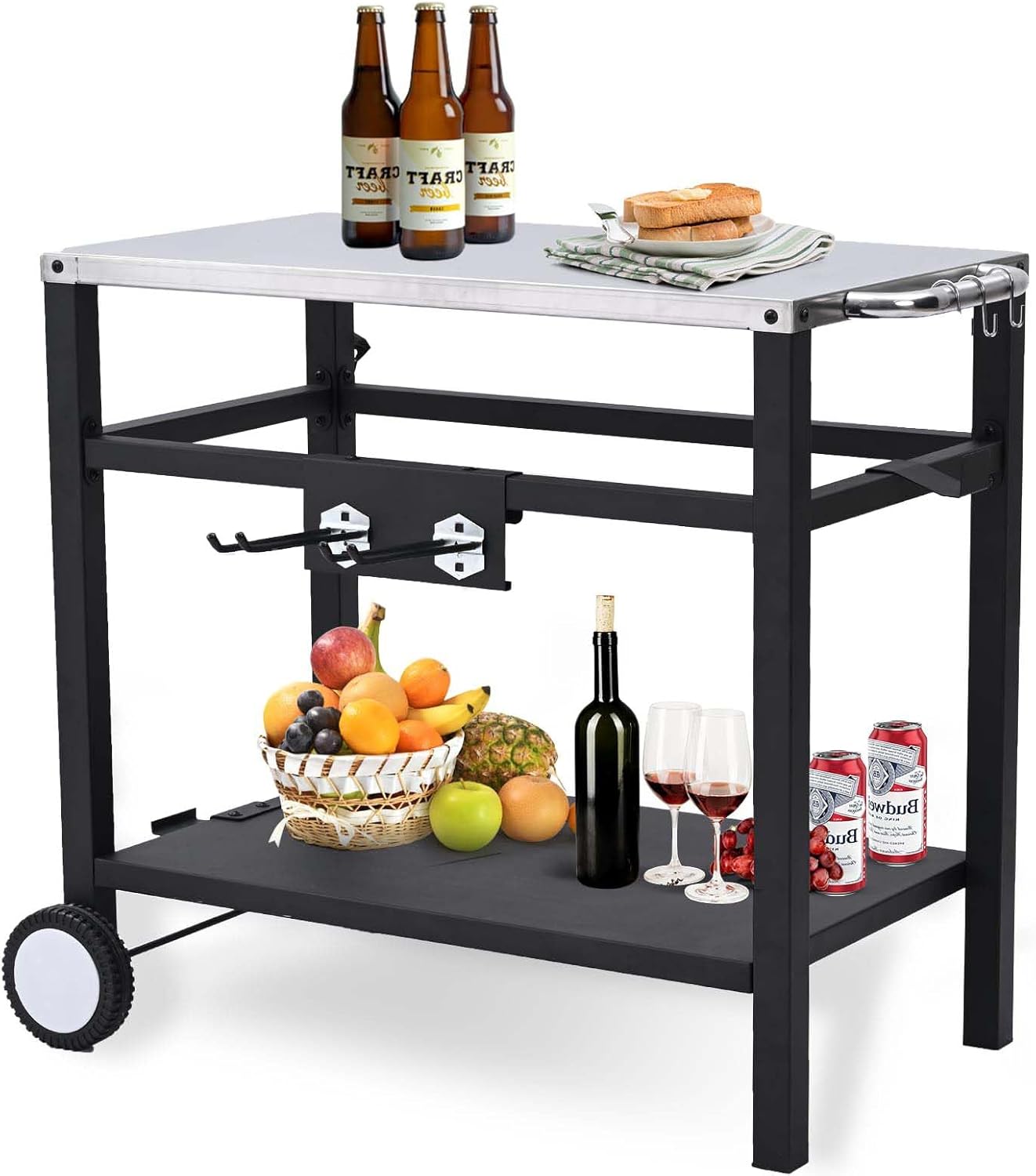 Dining Cart Table with Double-Shelf, Movable Stainless Steel Flattop Worktable, Hooks, Side Handle, Multifunctional for Bar, Patio, Camping, Home