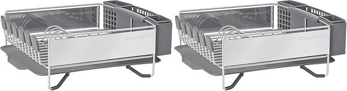 KitchenAid Large Capacity Full Size Rust Resistant Dish Rack with Angled Drain Board and Removable Flatware Caddy, Light Grey