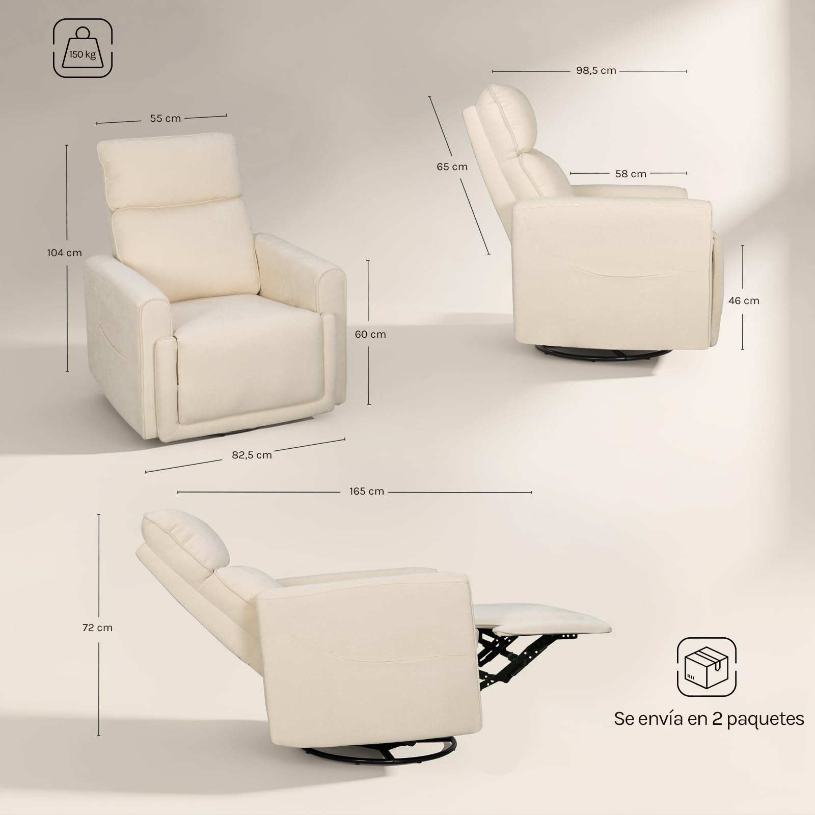 WOLTU Sillón Relax Reclinable, Sillón de Masaje con Calefacción de Masaje, Reposapiés, Bolsillos, Portavasos, Puerto USB, Tapizado en Tela Chenilla, Capacidad de Carga 150 kg, Beige