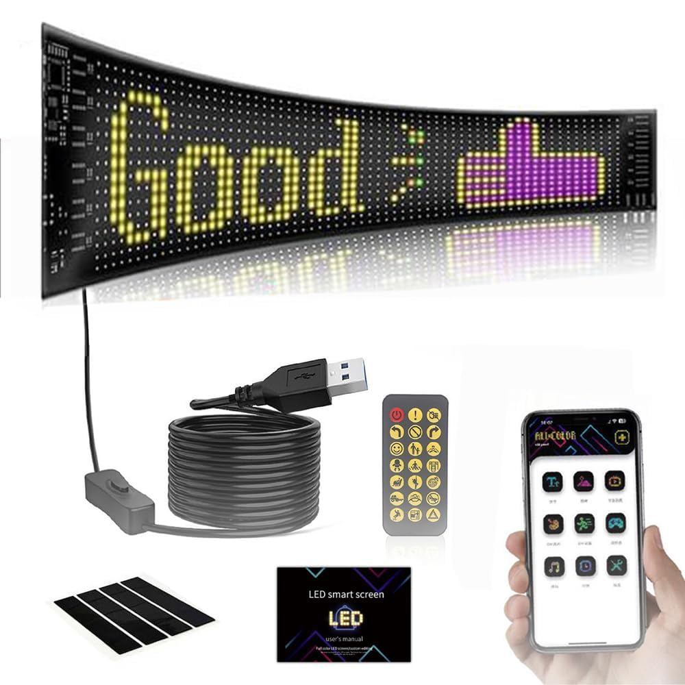 Insegna Luminosa Led Programmabile,Insegna Led Programma,92 Mm x 374 Mm Flessibile Display Led,Insegna Luminosa Led Sostegno Testo,Con Controllo Tramite App e Telecomando,Per Auto, Camion, Ecc.