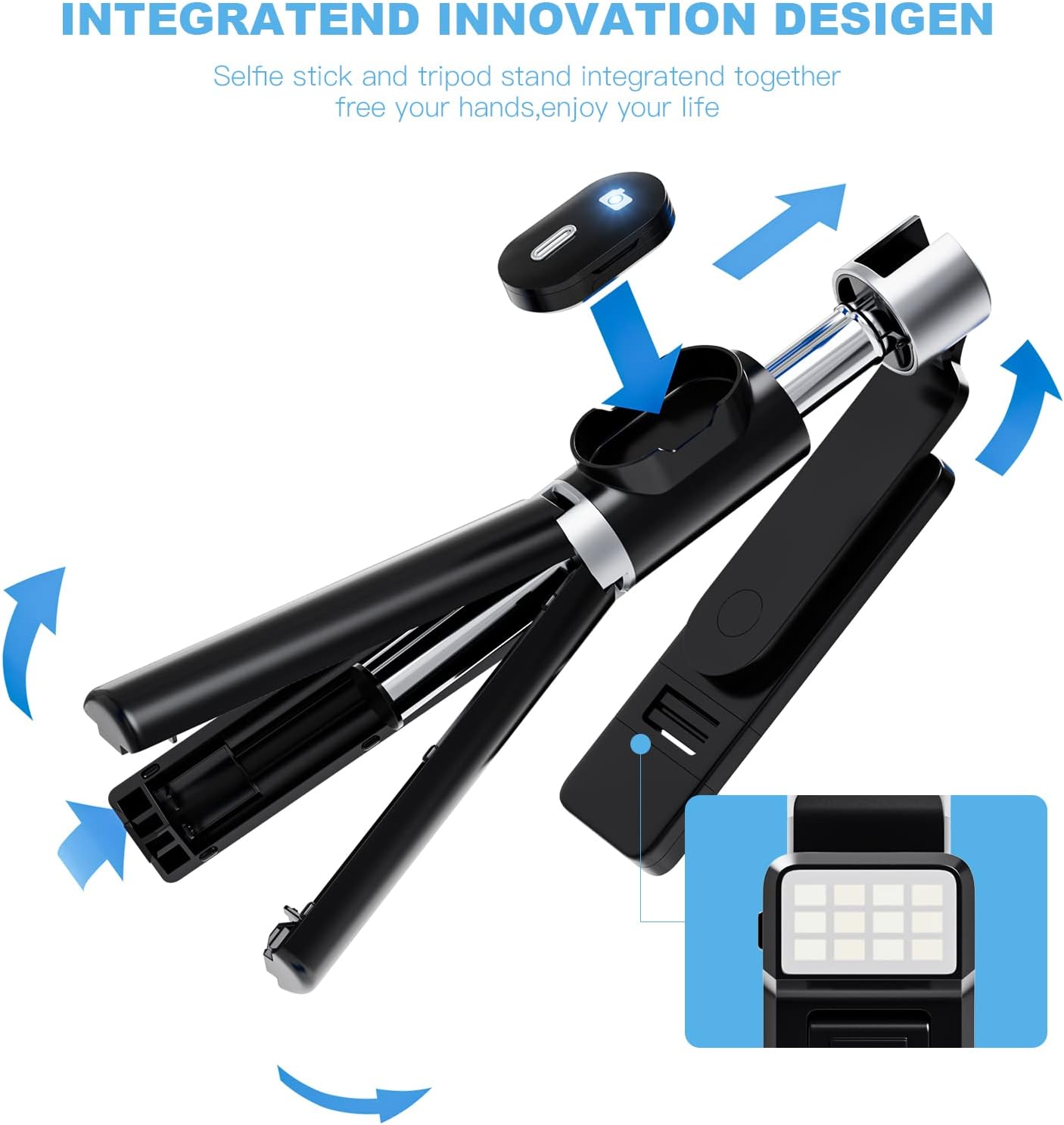 Selfie Stick Tripod, 2 Level Fill Light & All in 1 Portable Bluetooth Selfie Stick Tripod Phone Holder with Detachable Wireless Remote, Compatible with iPhone 13/12/11/XR/X, Android Smartphone (Black)