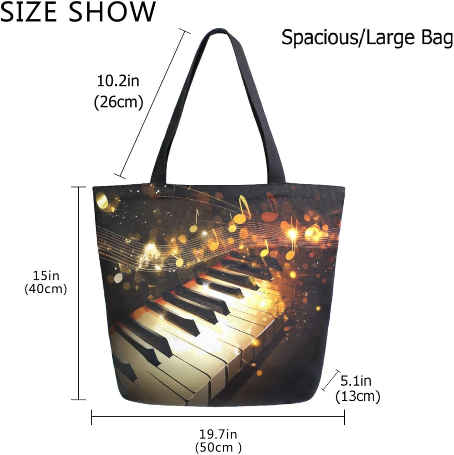 Extra Large Shoulder Grocery Tote Bag, Abstract Piano Gold Musical Notes Black Canvas Durable Daily Handle Bag Reusable for Gym Weekender Picnic Yoga Beach Travel Kitchen Market Shopping