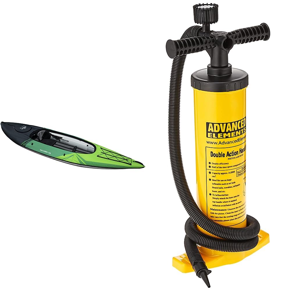 Photo 1 of AQUAGLIDE Navarro 130 Convertible Inflatable Kayak with Drop Stitch Floor- 1 Person Touring Kayak Without Cover, Green & Advanced Elements Double Action Pump with Pressure Guage, Yellow, One Size