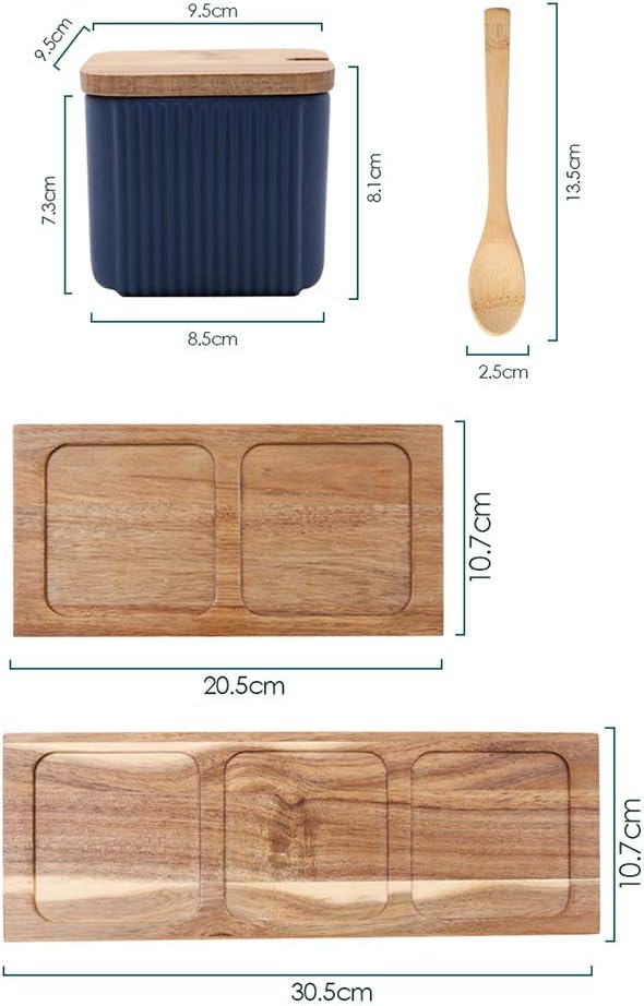 Porcelain Condiment Jar Spice Container,Ceramic Seasoning Box Square Spice Pots with Lid Spoon Wooden Tray Sugar,Spice,Salt-Blue 2 * 350ml