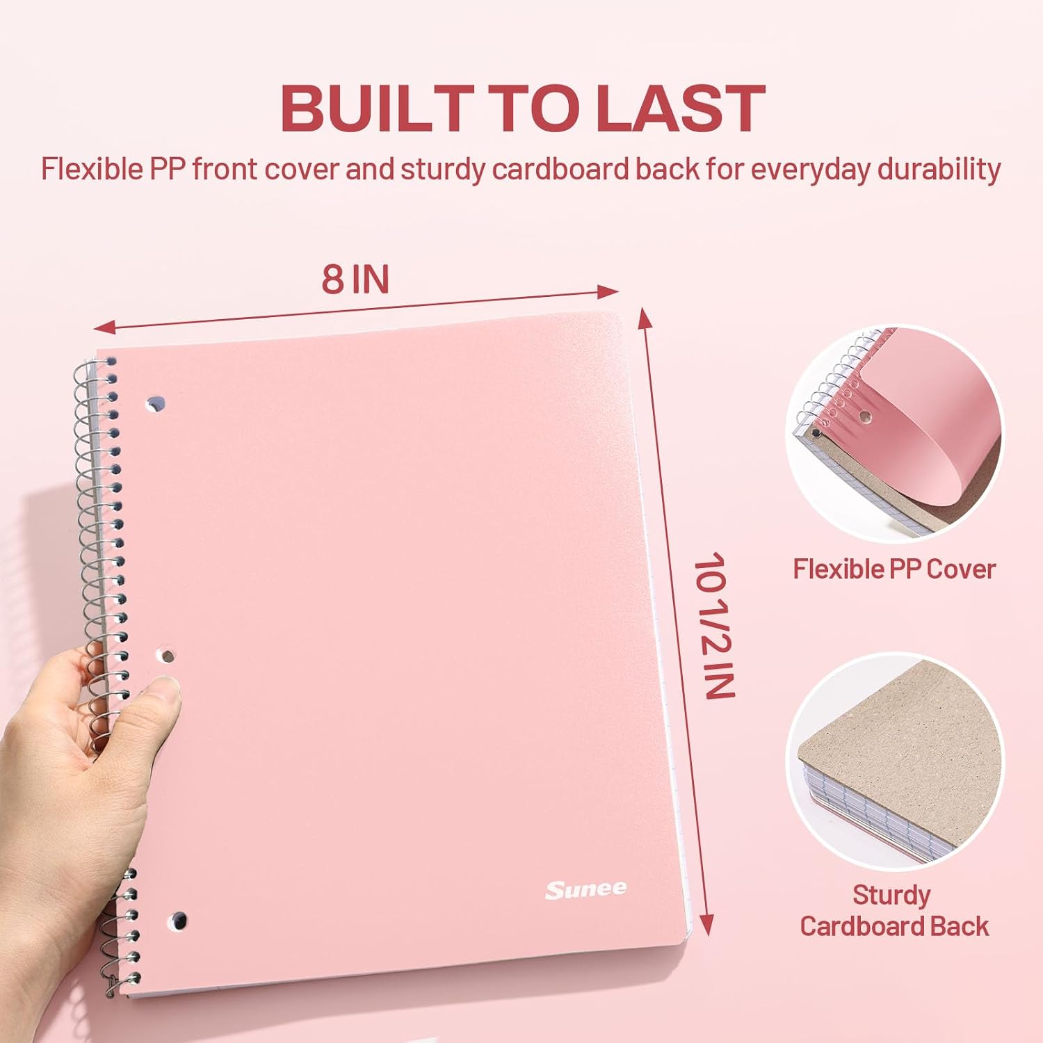 SUNEE Spiral Notebook, 1-Subject, Wide Ruled Paper, 8" x 10-1/2", 100 Sheets per Notebook, 3-Hole Punched Paper, Water Resistant Cover, Double-sided Pockets, Spiral Lined Notebooks for School, Pink image 3