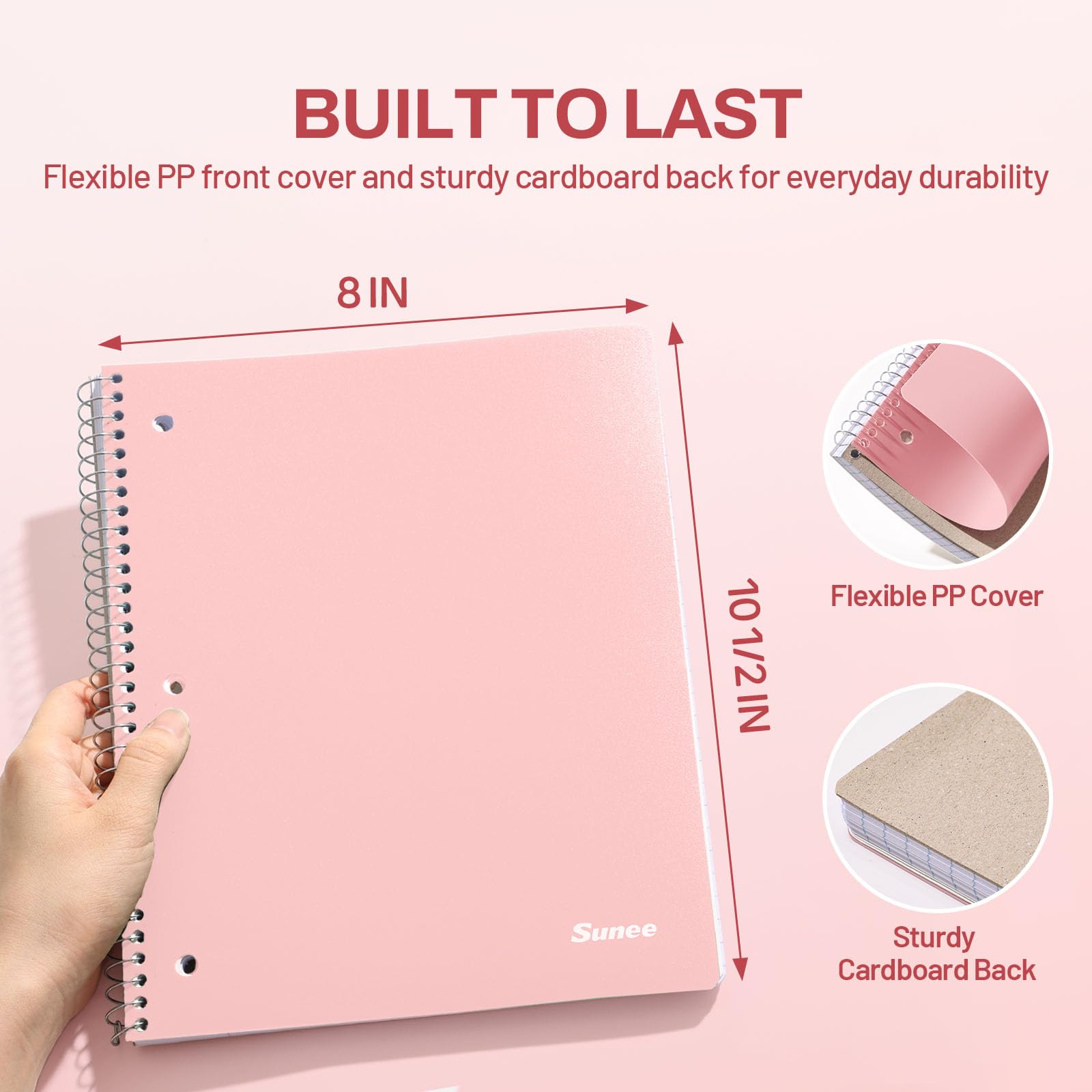 SUNEE Cuaderno en espiral, 1 materia, papel rayado ancho, 8 x 10-1/2 pulgadas, 100 hojas por cuaderno, papel perforado de 3 agujeros, cubierta resistente al agua, bolsillos de doble cara, cuadernos