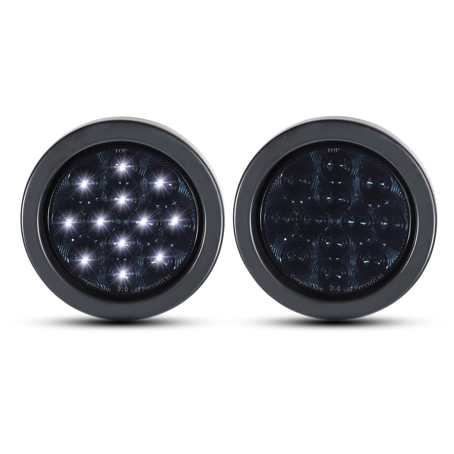 Meerkatt Tail Light 4 Inch Round Smoked Lens White 12 LED Flush Mount Flex F3 Reverse Back-up Indicator Lights Universal for Truck Trailer 12v DC w/Plug & Grommet.