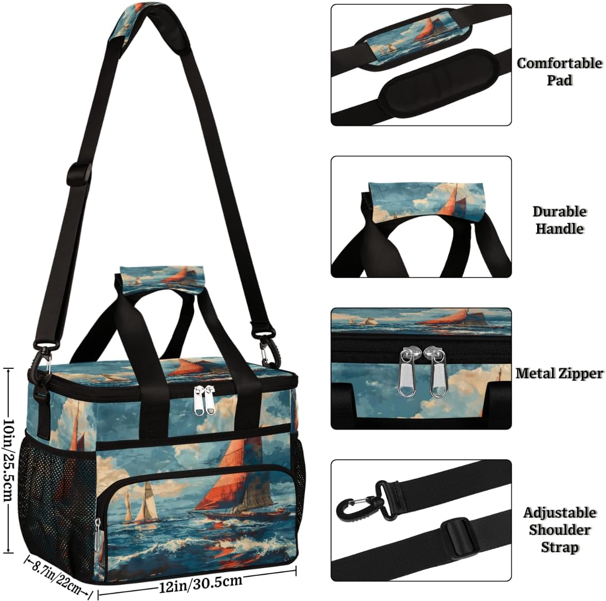 Ocean Insulated Picnic Backpack Lunch Box for Women Men Picnic Basket Tote Lunch Bag Picnic Bag Portable Lunch Bags for Picnic, Beach, Work, Trip,Office, Camp Sail Boat