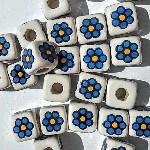 DAISY FLOWER CUBE SQUARE CRYLSTALINE PERUVIAN CERAMIC BEADS ~ (Rounded Daisy Flower Blue 9mm 40pcs)