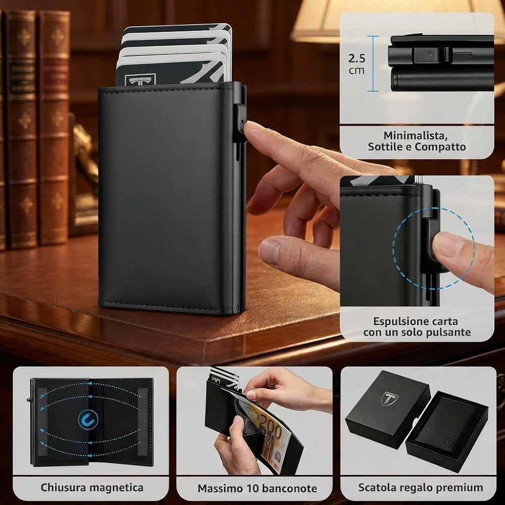 Portafoglio in vera pelle e porta carte di credito in alluminio, da uomo LAVAL con BLOCCO RFID, colore NERO, CHIAROSCURO. | BEST SELLERS UOMO | Emporium Italy Portafoglio in vera pelle e porta carte di credito in alluminio, da uomo LAVAL con BLOCCO RFID, colore NERO, CHIAROSCURO. | BEST SELLERS UOMO | Emporium Italy