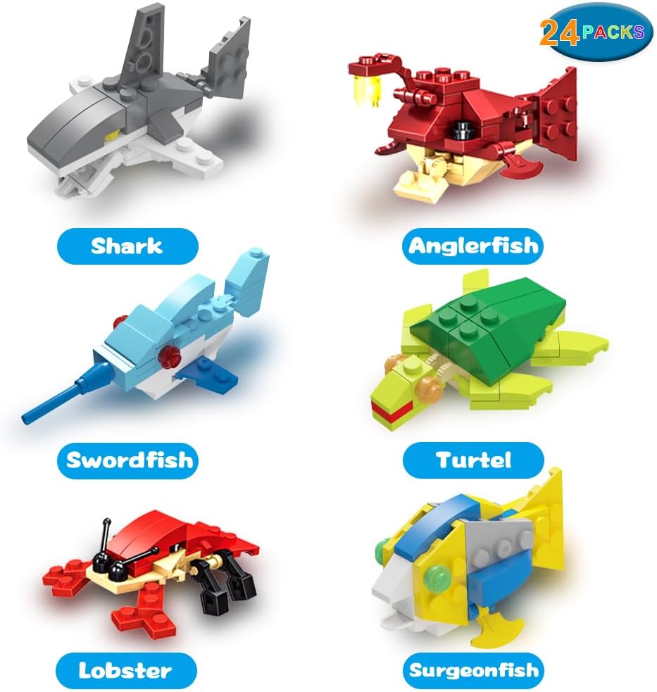 WODMAZ 24 Packs Sea Animal Building Blocks, Mini Ocean Animals Building Blocks Toys Set for Kids Birthday Gifts, Easter Eggs Hunt Easter Theme Party Favors