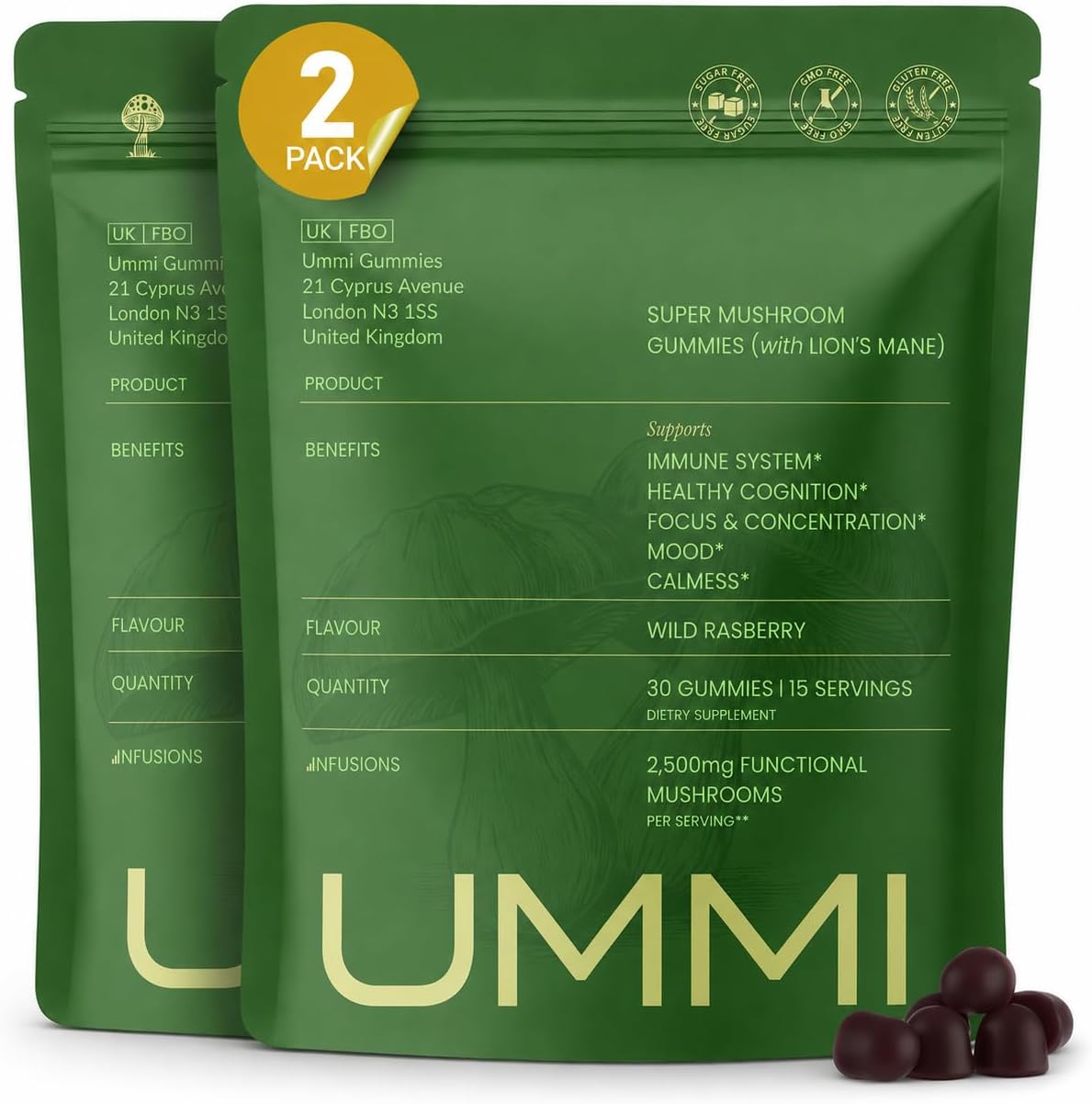 UMMI 12-in-1 Super Mushroom Gummies, 2500mg, Raspberry, 30 Gummies, 2 Pack