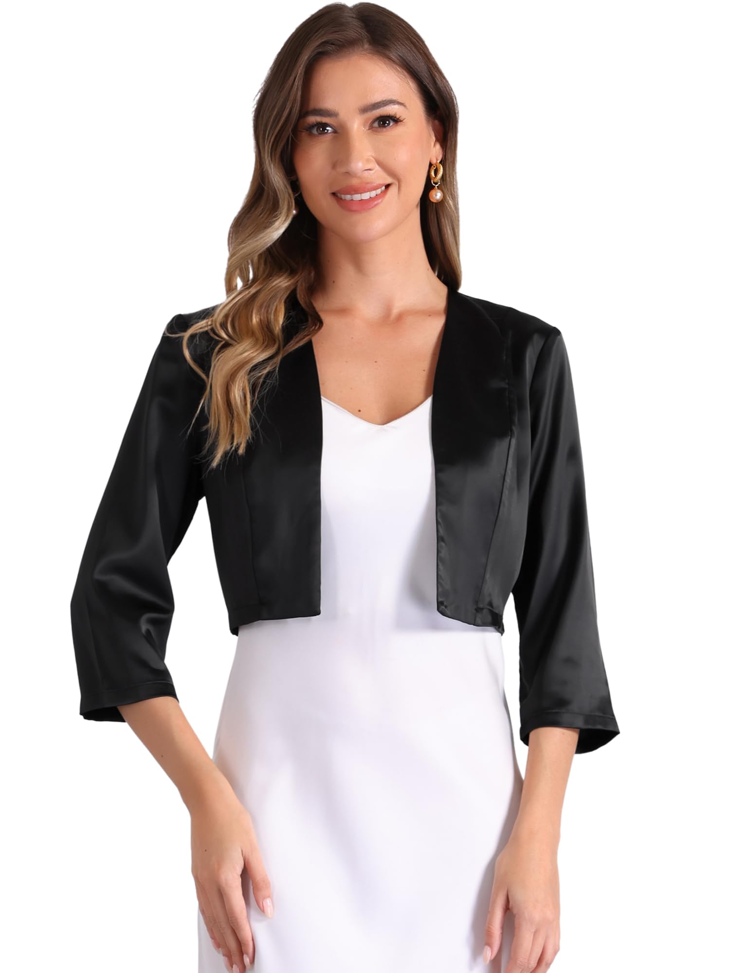 Allegra K Cardigan en satin pour femme à manches 3/4 ouvert sur le devant - Boléro court pour le bureau