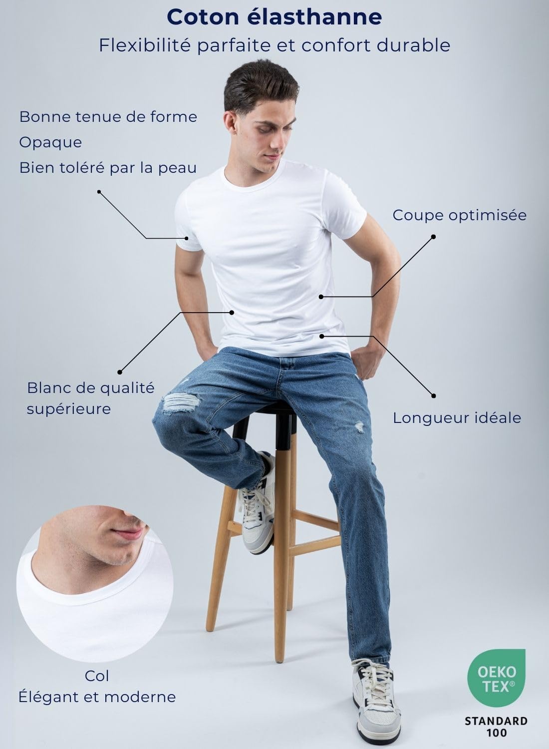 SKIPPER Lot de 3 Stretch T Shirt Homme Col Rond I Maillot de Corps Blanc I Tricot de Corps 95% Coton 5% Élasthanne I sous Chemise Manches Courtes I Label Oeko-TEX®