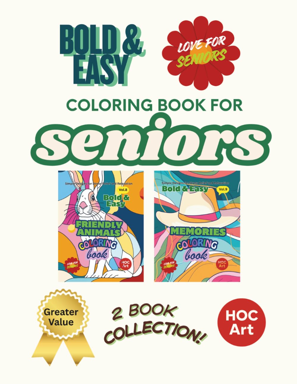 Bold & Easy Coloring Book for Seniors – 2 Books in 1 Bundle Collection: Gentle Animal Designs and Simple Nostalgic Scenes for Relaxing, Stress-Free Coloring
