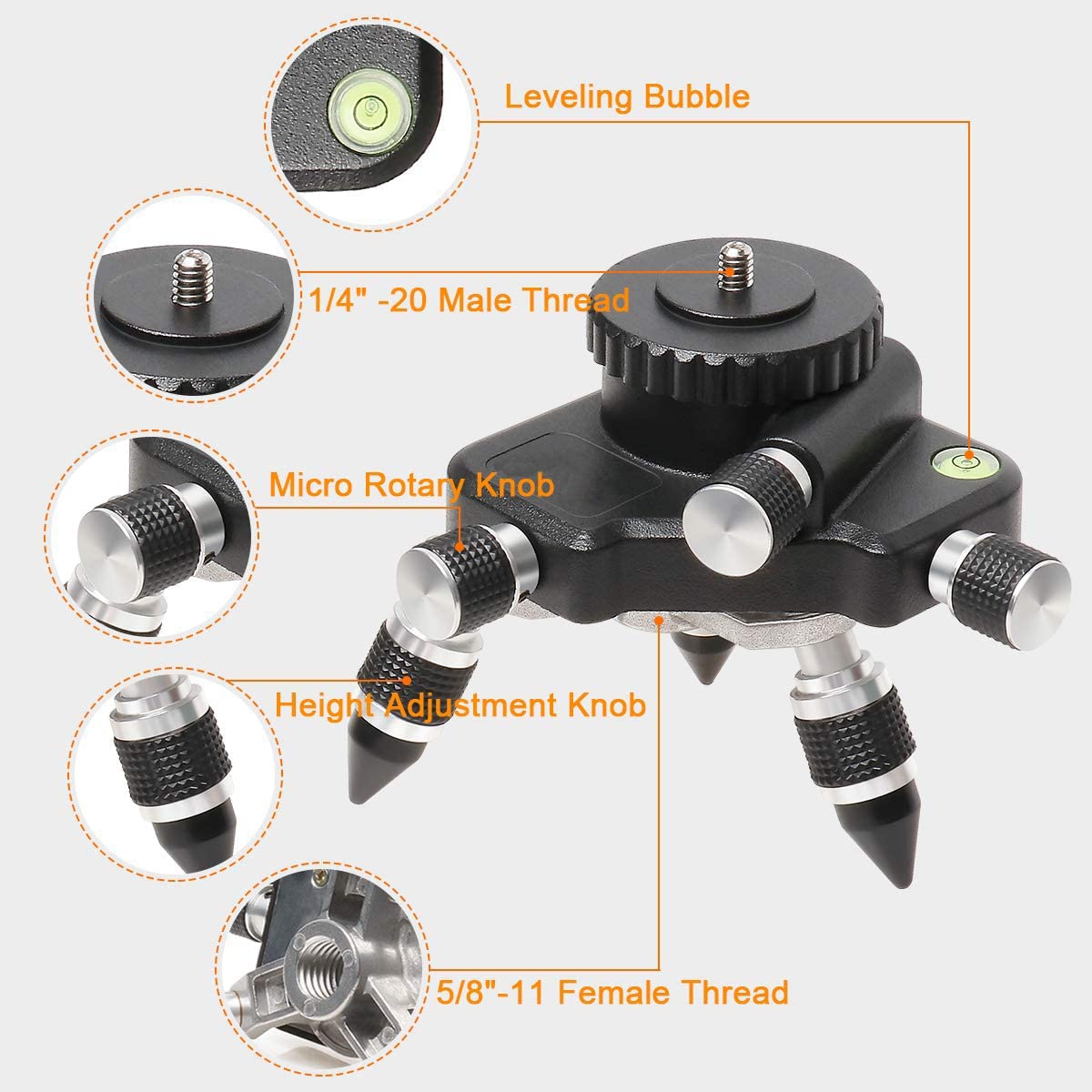 At2 Support Adaptateur De Niveau Laser - Rotation À 360° Manuellement Base Micro Ajustable Pour Connecteur De Trépied De Niveau Laser Ligne, Alliage Complet Avec Montage Fileté Standard 1/4"