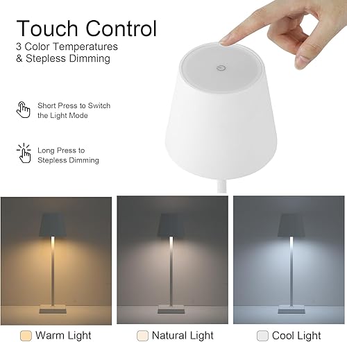 Miniatura 3 de Kelalry - Lámpara de mesa inalámbrica, lámpara de escritorio LED recargable, funciona con batería de 5200 mAh, 3 luces de mesa regulables sin