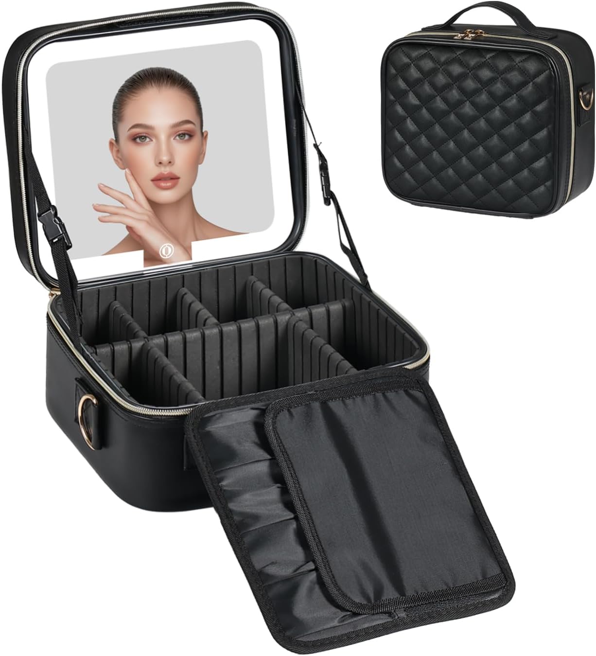 BEAUTY CASE Makeup Bag with Led Mirror, 10 Inch Portable Travel Cosmetic Organizer Case with Adjustable Dividers, USB Charging, Large Capacity, Ideal for Travel, Gift for Women Girls, Black