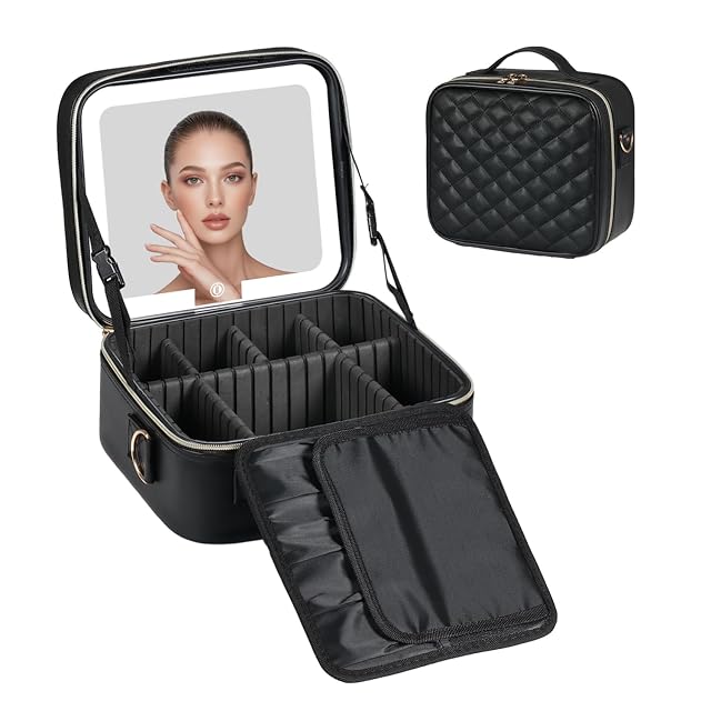 BEAUTY CASE Makeup Bag with Led Mirror 10 Inch Portable Travel Cosmetic Organizer Case with Adjustable Dividers USB